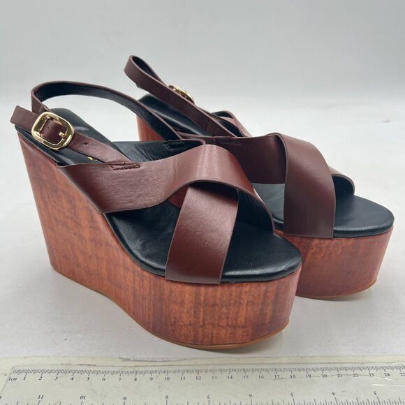 miss left Brown Crisscross Strap Open Toe Slingback Adjustable Buckle Sandals - Picture 4 of 8